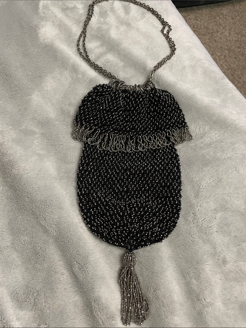 Vintage 20s flapper Black crochet silver Beaded tassel accent chain strap Bag
